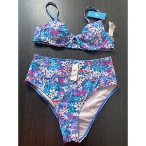 Cupshe Women Blue Floral Bikini Set High Waist Underwire 2 Piece M NWT